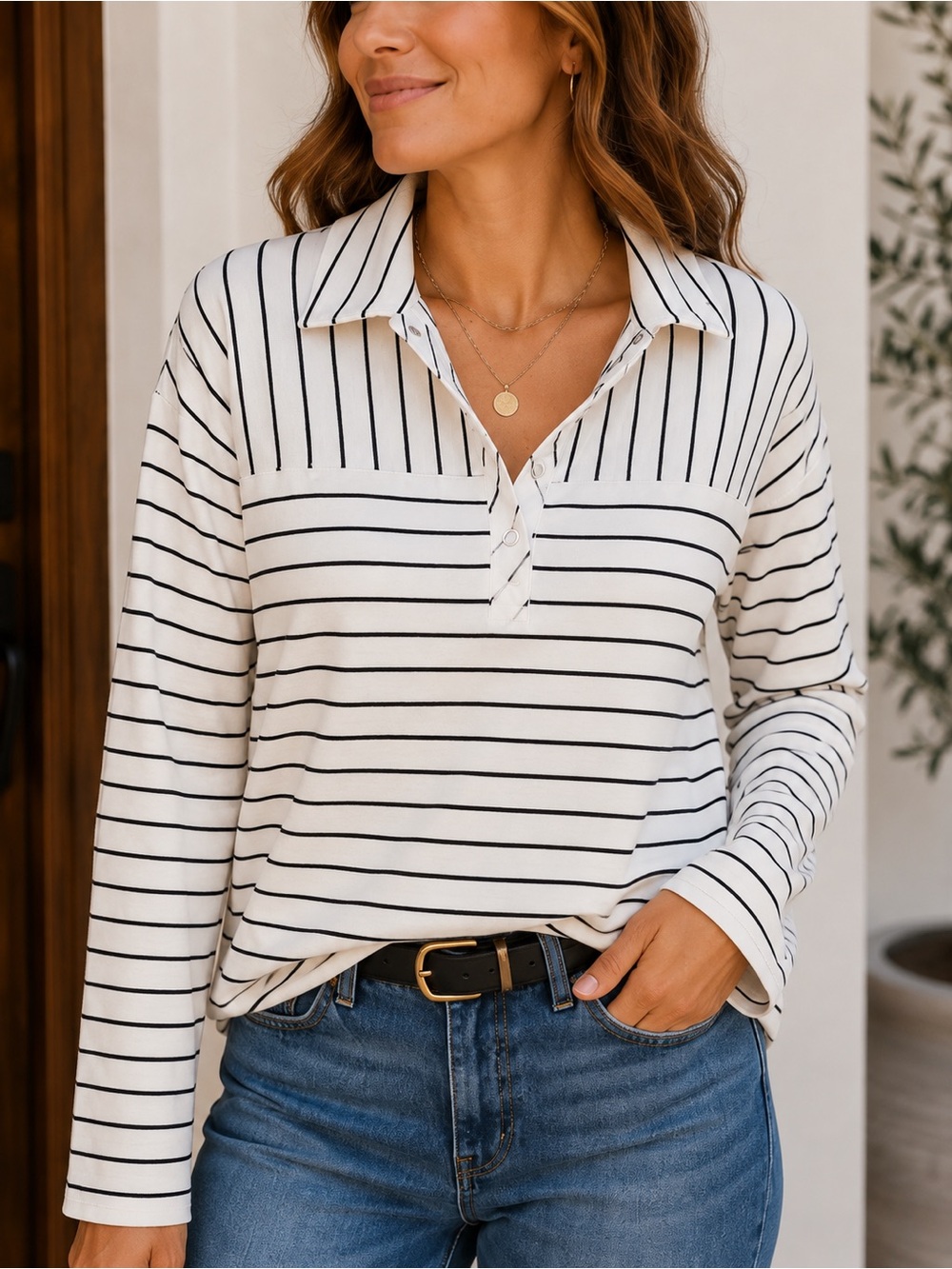 Jane and Delancey Striped Collared Long-Sleeve Top - White/Black